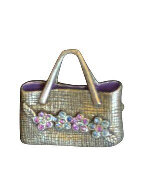 Vintage Handbag Pin Brooch With Floral Rhinestone Accents & Purple Enamel Detail
